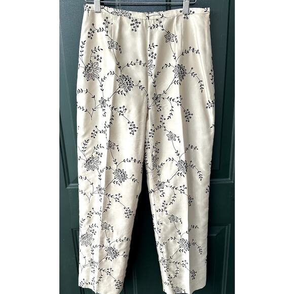 VTG Yves Cosette DEPECHE Mode 100% Silk Pants Sz 6 w/ Black Floral Embroidery - Picture 1 of 7